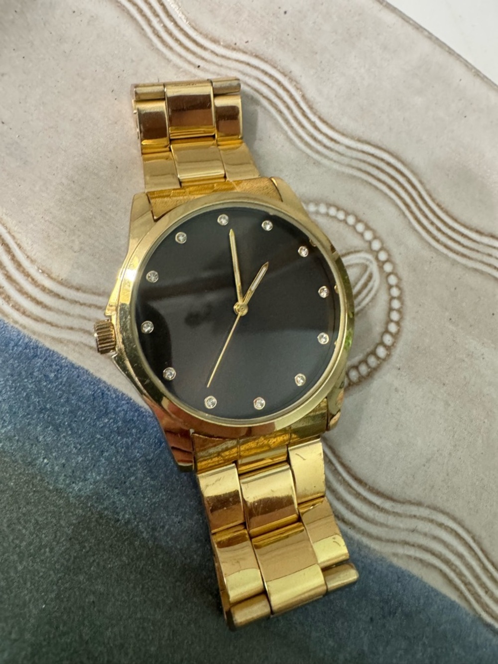 Gold Tone Black Dial Crystal Accent Bracelet Watch